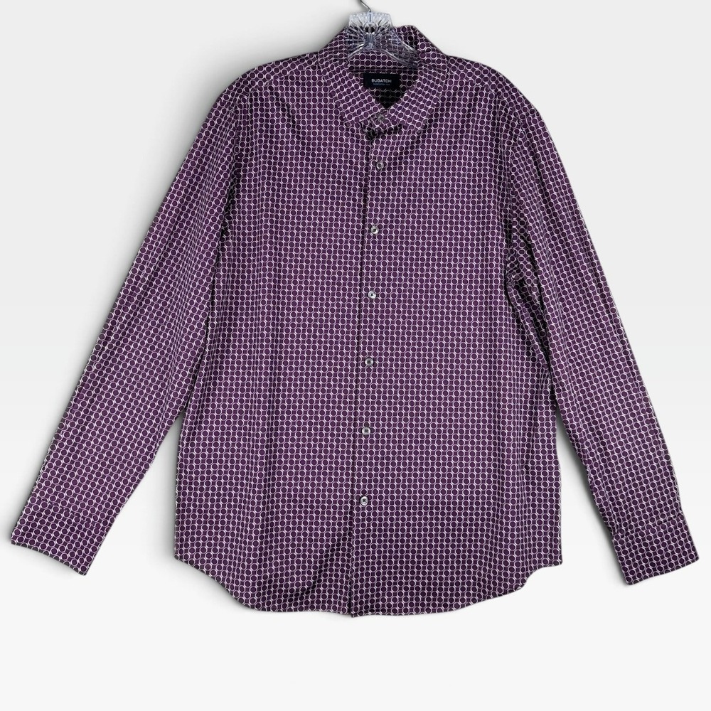 Bugatchi OoohCotton Tech Button Down Shirt Mens L Plum Hexagon Geometric Exc